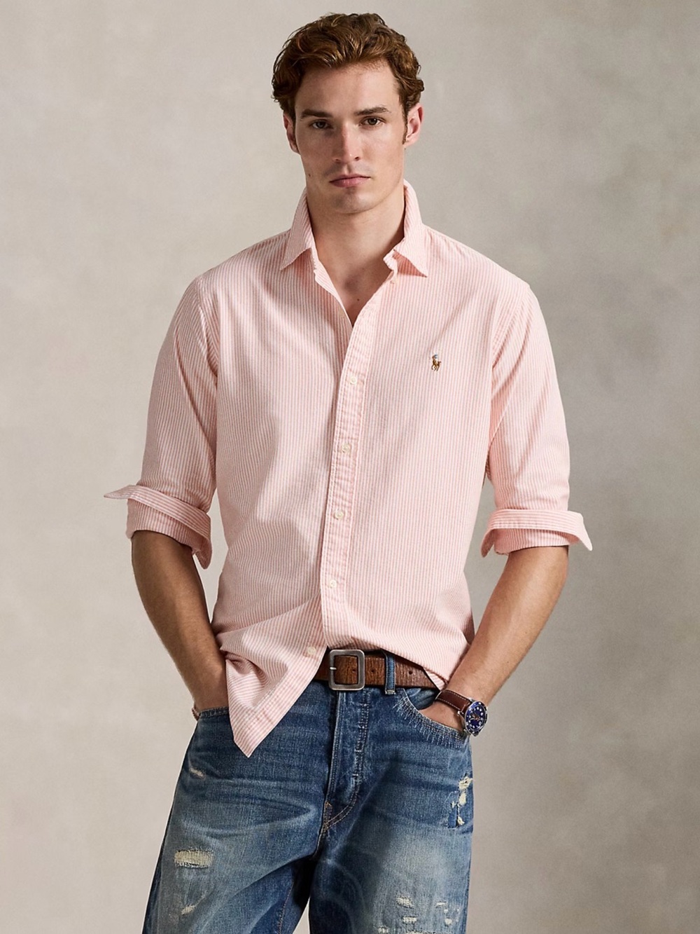 NWT Men’s Ralph Lauren Classic Fit Light Pink Striped Oxford Shirt, Size XS